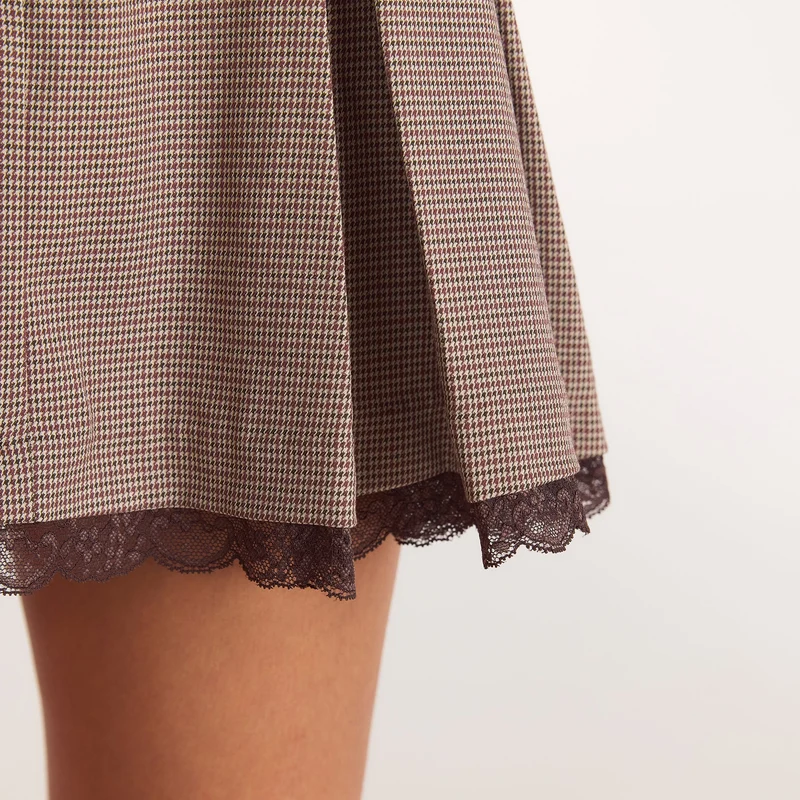 Jupe-Short Plissée - Pied-de-Poule Marron