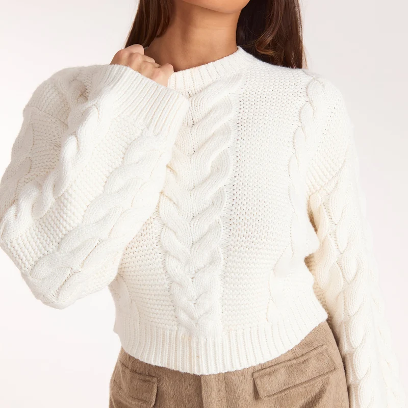 Pull Court en Maille Torsadée - Crème