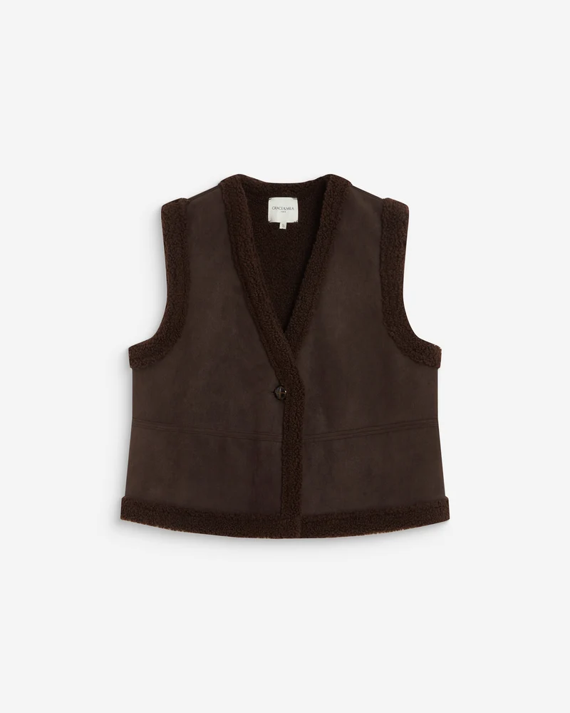 Veste sans manches en fausse shearling col V chocolat Anya