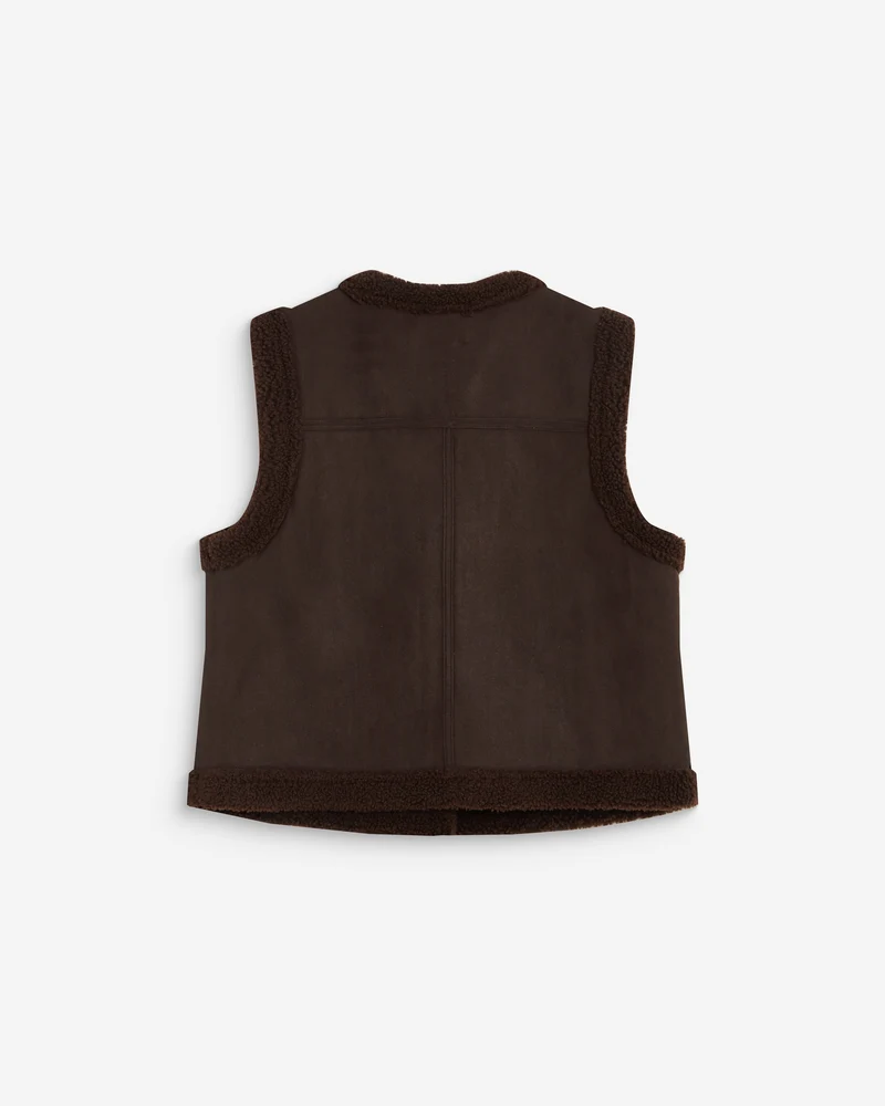 Veste sans manches en fausse shearling col V chocolat Anya