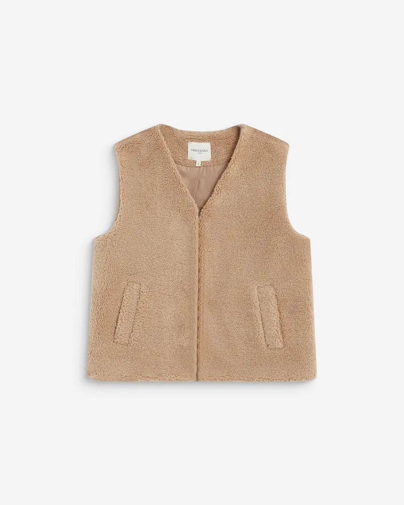 Veste sans manches en fausse shearling beige Avery