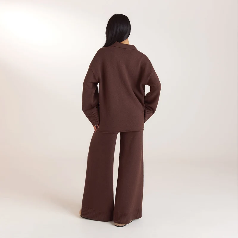 Pantalon en Maille à Ourlets Côtelés - Chocolat