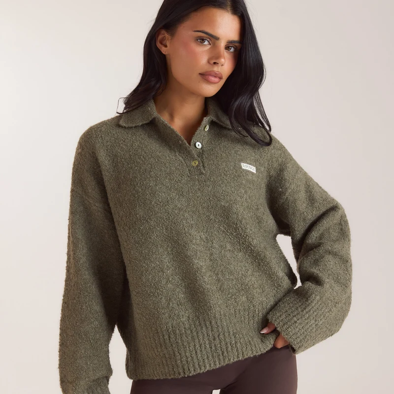 Pull Polo en Maille Bouclée - Kaki