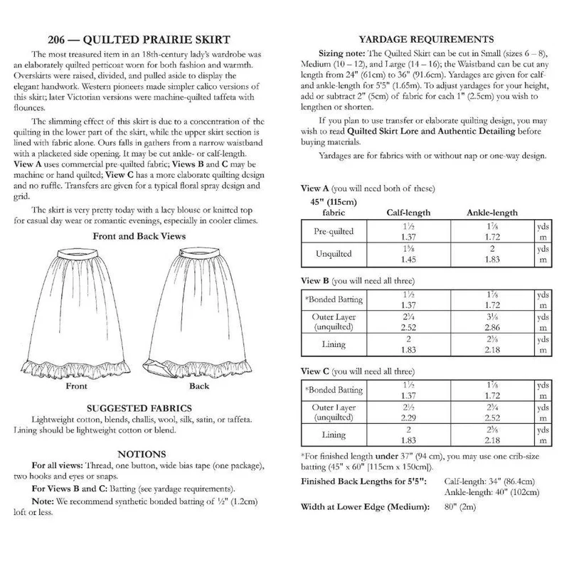 PATRON DE COUTURE PDF | 206 Jupe matelassée Prairie | Folkwear