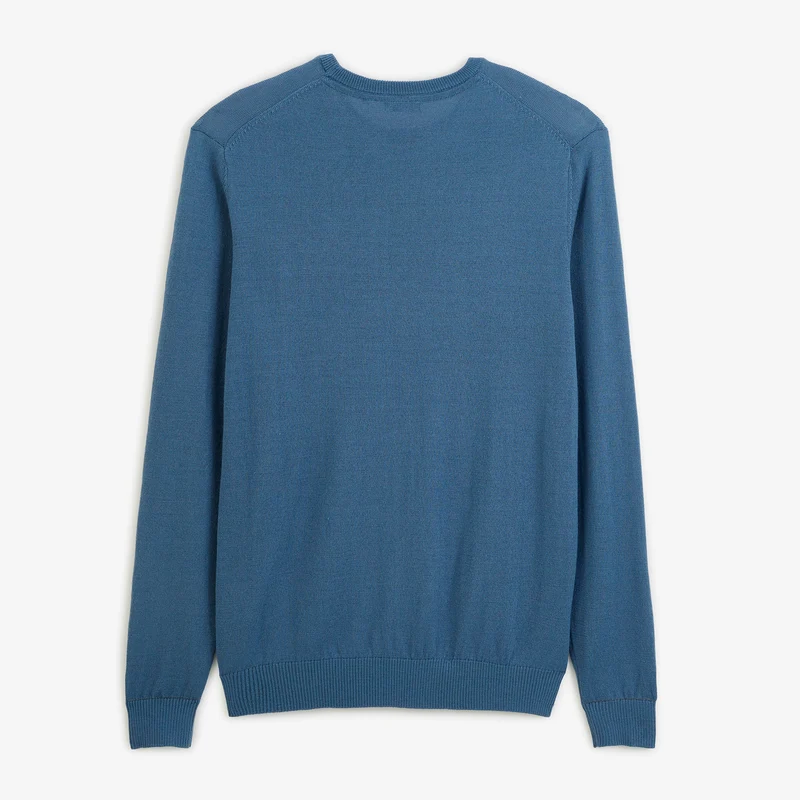 Pull col rond mérinos en laine mélangée bleu lupin Mao Essentiel