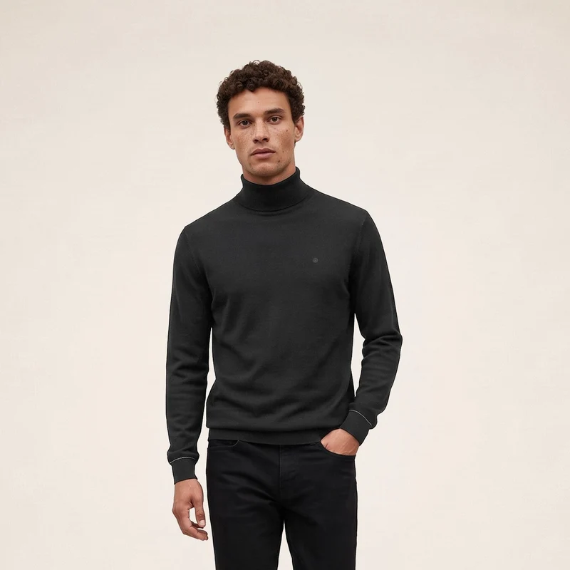 Pull laine mérinos mélangée col montant noir Massia