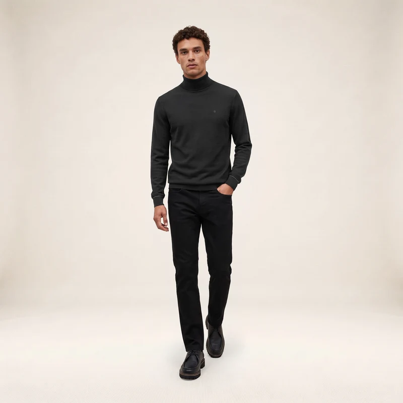 Pull laine mérinos mélangée col montant noir Massia