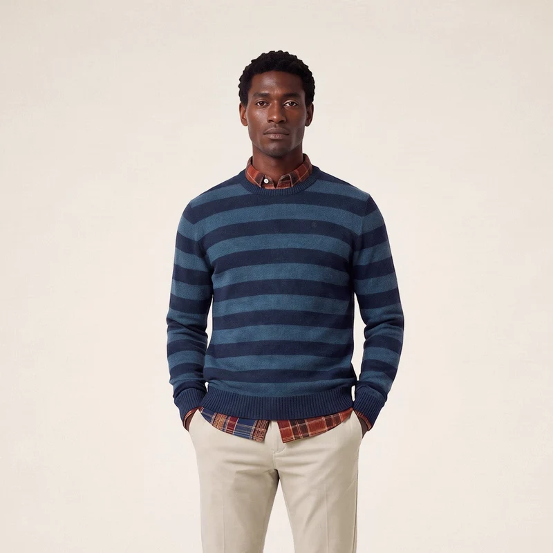 Pull jacquard rayé laine col rond bleu marine foncé Mirzan
