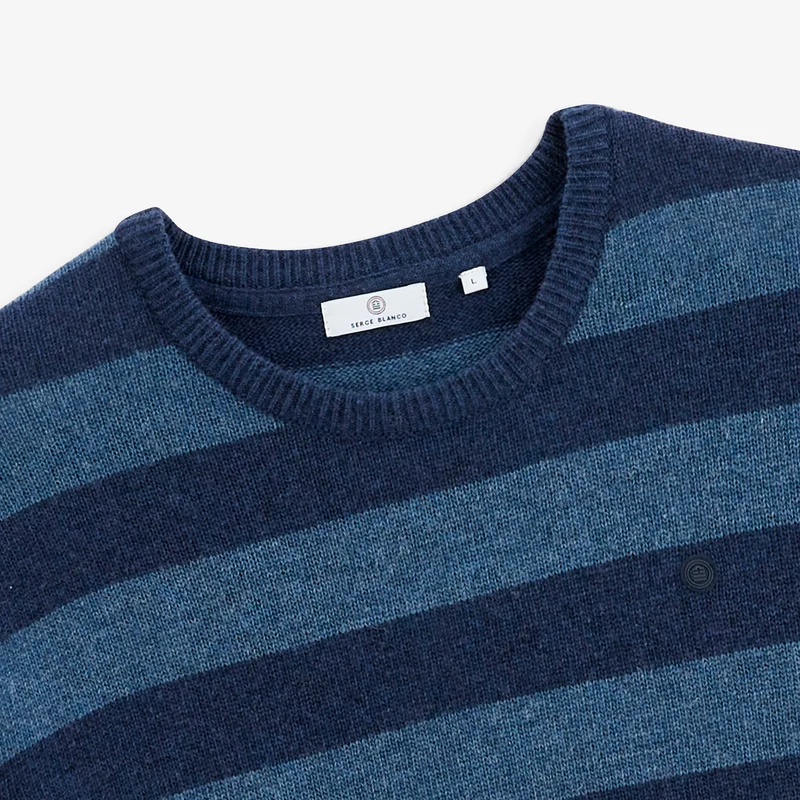 Pull jacquard rayé laine col rond bleu marine foncé Mirzan