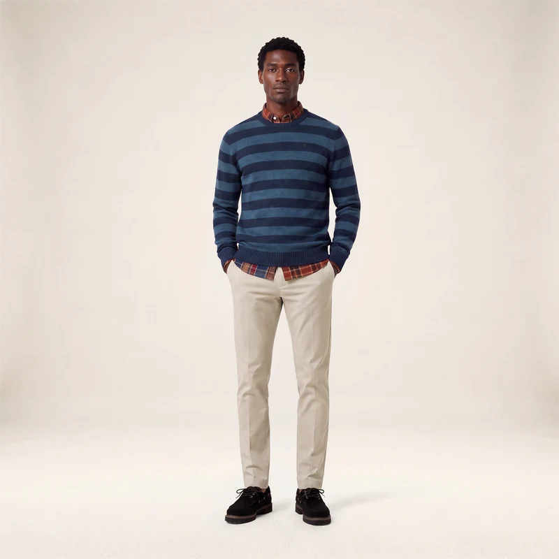 Pull jacquard rayé laine col rond bleu marine foncé Mirzan