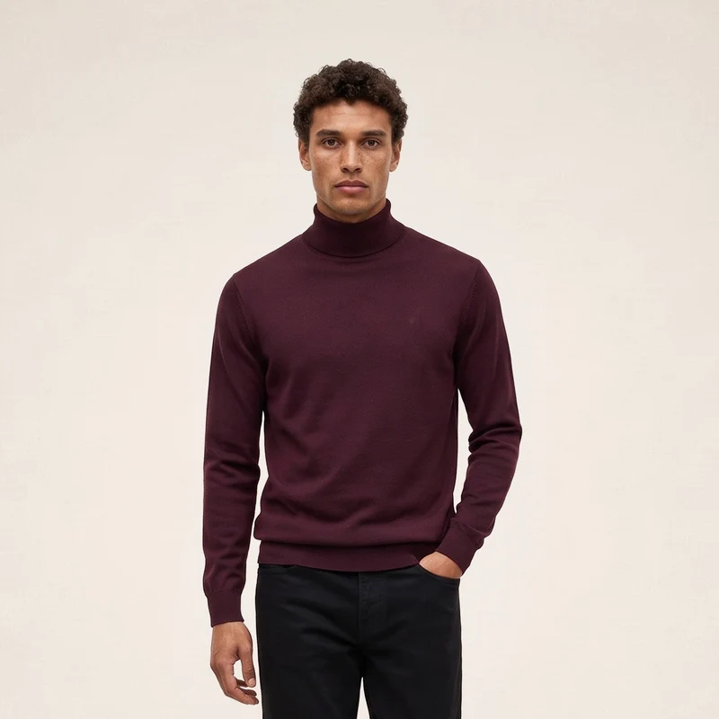 Pull laine mérinos mélangée col montant rouge Massia
