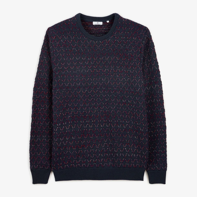 Pull jacquard laine col rond bleu marine foncé Marat