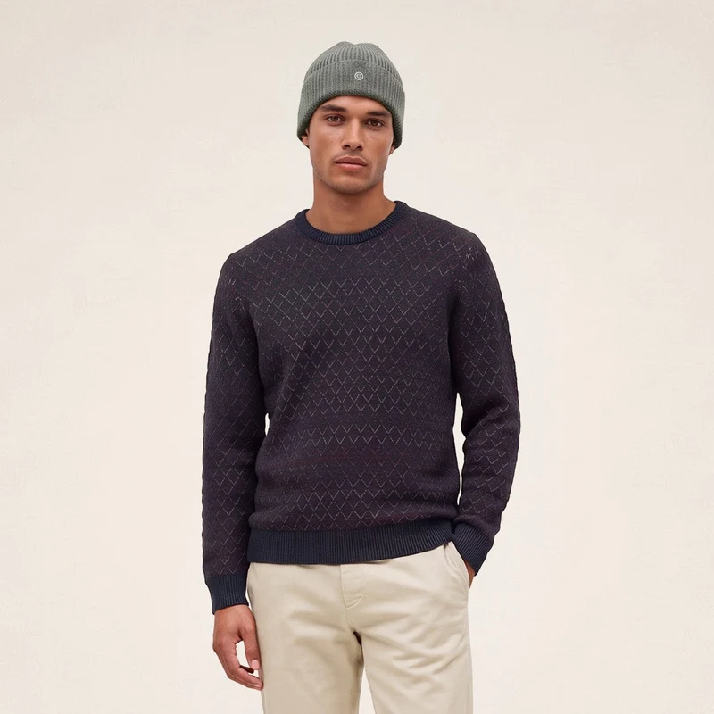 Pull jacquard laine col rond bleu marine foncé Marat