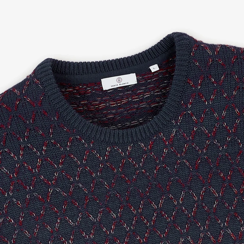 Pull jacquard laine col rond bleu marine foncé Marat