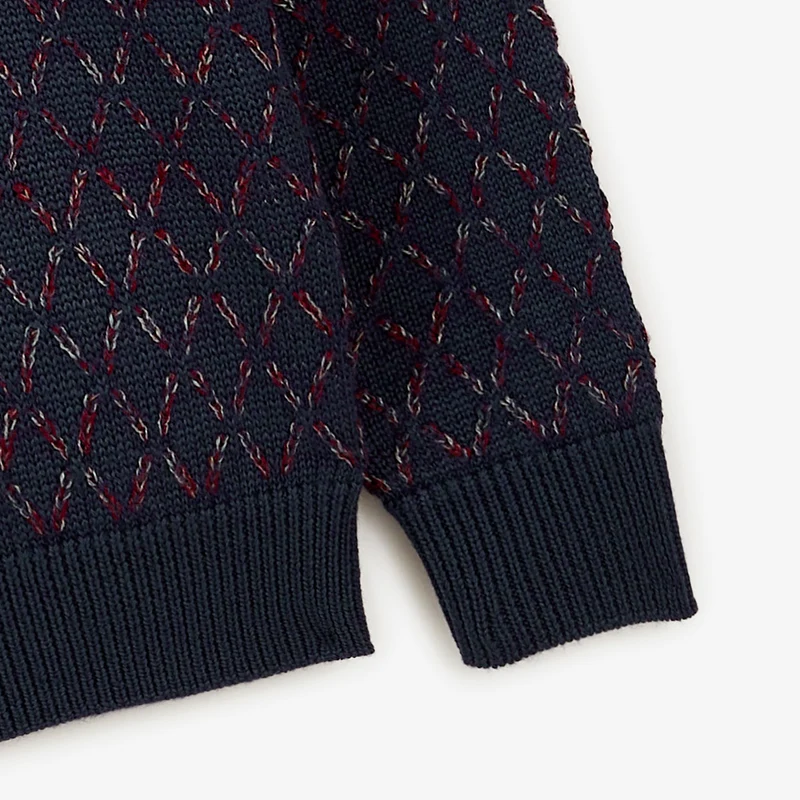 Pull jacquard laine col rond bleu marine foncé Marat