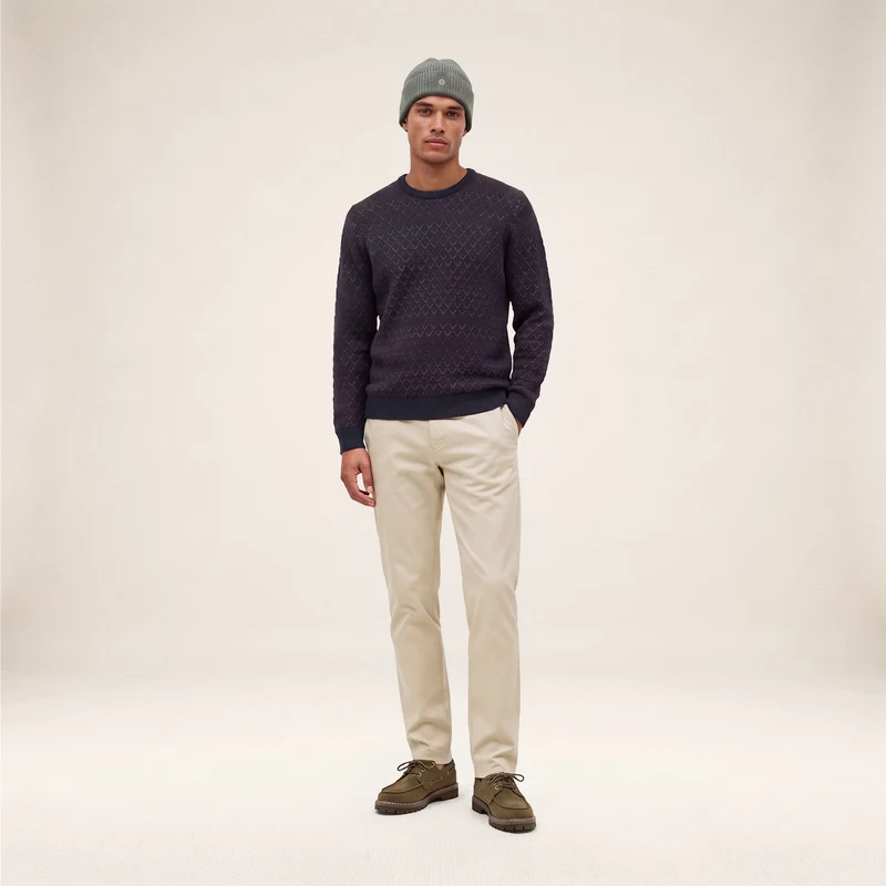 Pull jacquard laine col rond bleu marine foncé Marat