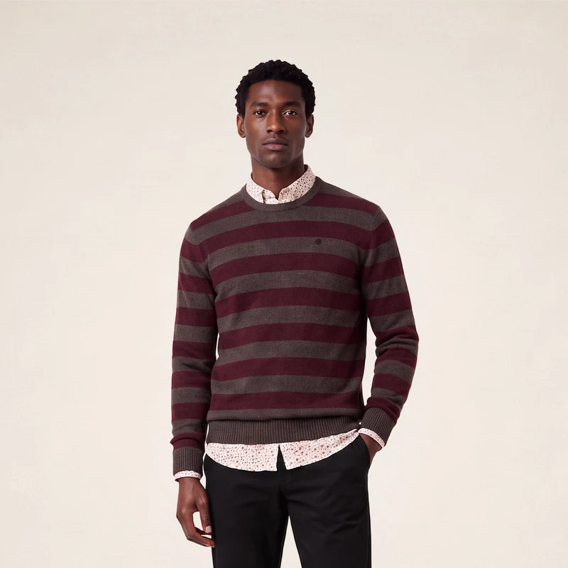 Pull jacquard rayé laine col rond marron Mirzan