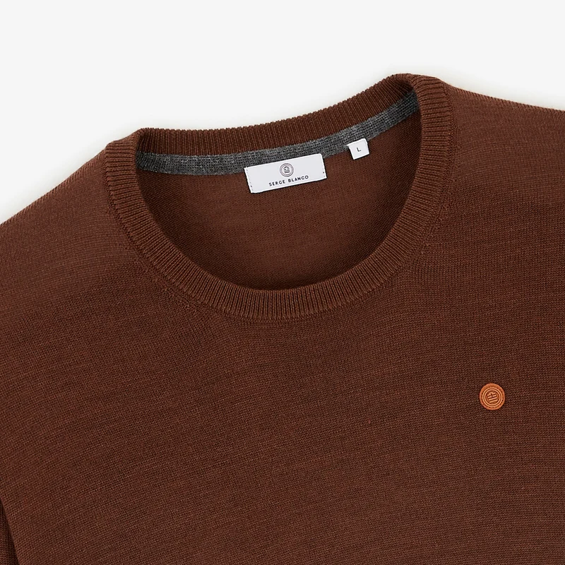 Pull col rond mérinos en laine mélangée marron brownie Mao Essentiel