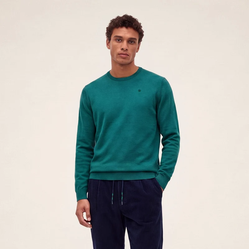 Pull col rond mérinos en laine mélangée vert Mao Essentiel