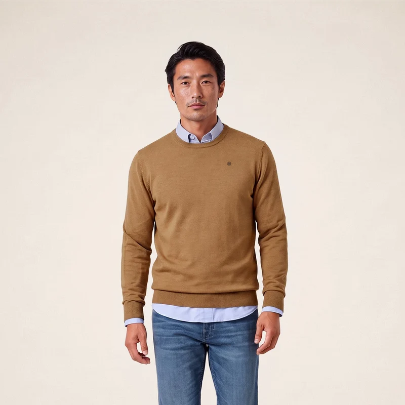Pull col rond mérinos en laine mélangée marron noyer Mao Essentiel