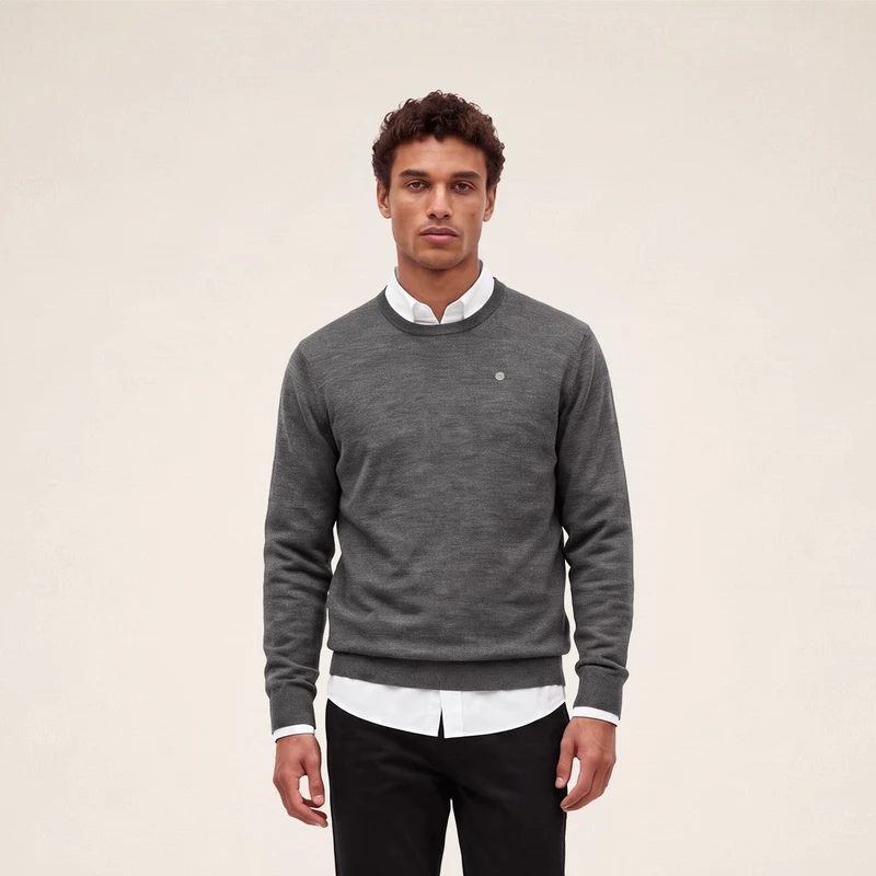 Pull col rond mérinos en laine mélangée gris clair chiné Mao Essentiel