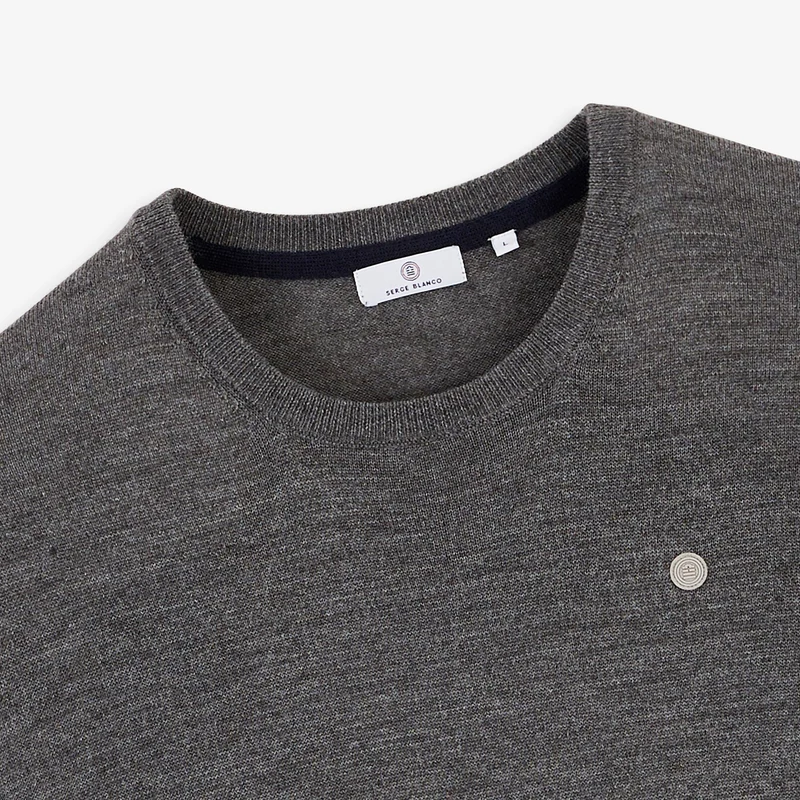 Pull col rond mérinos en laine mélangée gris clair chiné Mao Essentiel