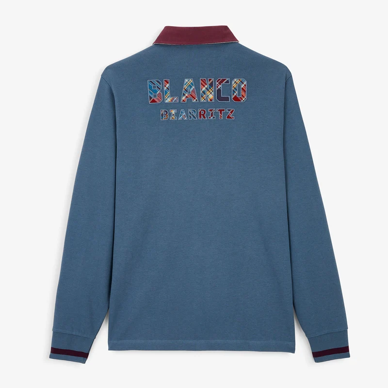 Polo rugby manches longues 100% coton bleu brodé BLANCO BIARRITZ