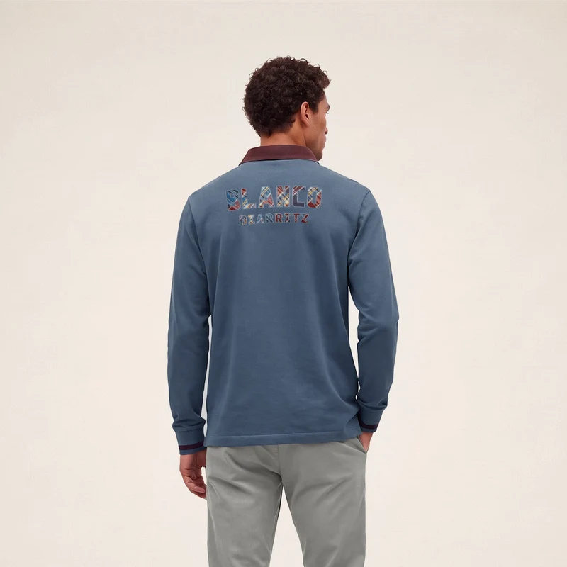 Polo rugby manches longues 100% coton bleu brodé BLANCO BIARRITZ