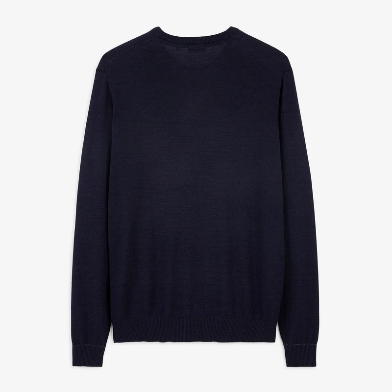 Pull col rond mérinos en laine mélangée bleu marine foncé Mao Essentiel