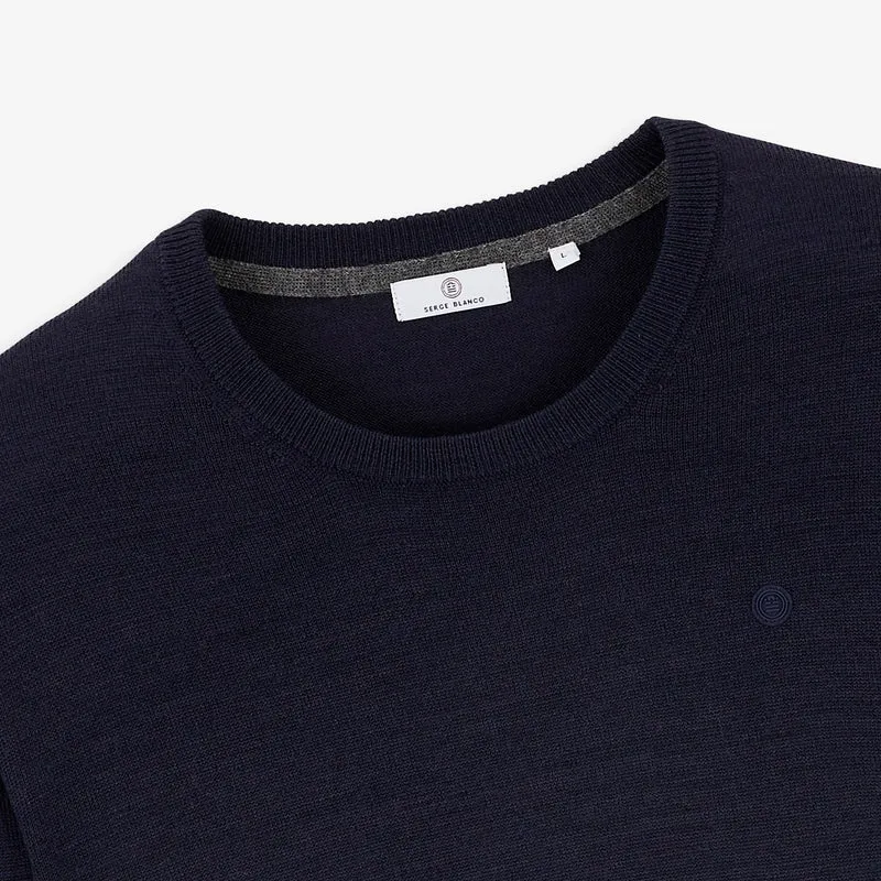 Pull col rond mérinos en laine mélangée bleu marine foncé Mao Essentiel