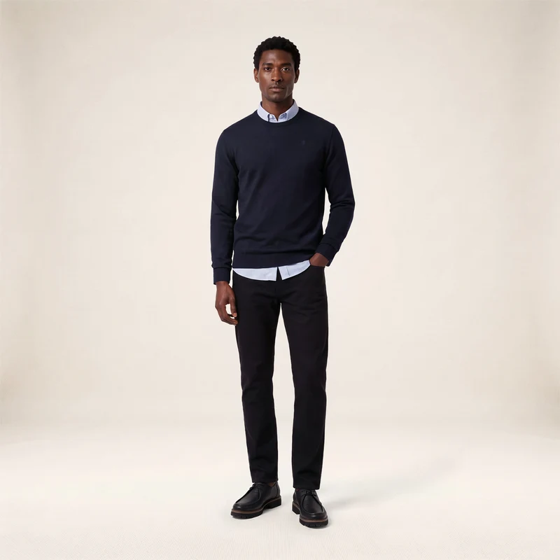 Pull col rond mérinos en laine mélangée bleu marine foncé Mao Essentiel