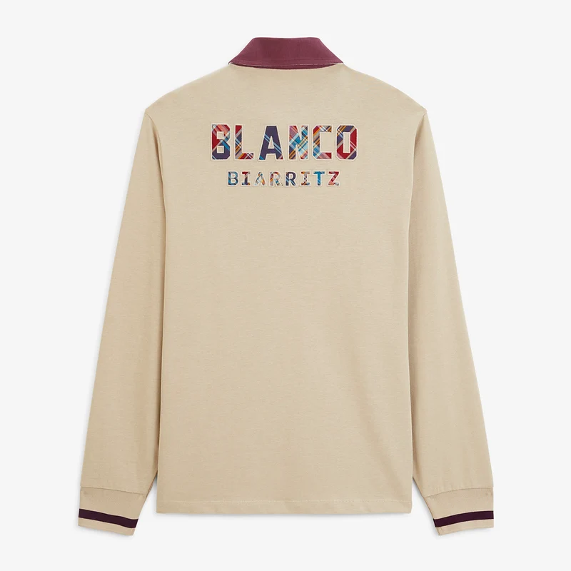 Polo rugby manches longues 100% coton beige brodé BLANCO BIARRITZ