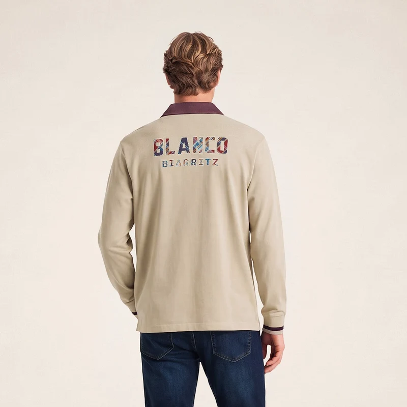 Polo rugby manches longues 100% coton beige brodé BLANCO BIARRITZ
