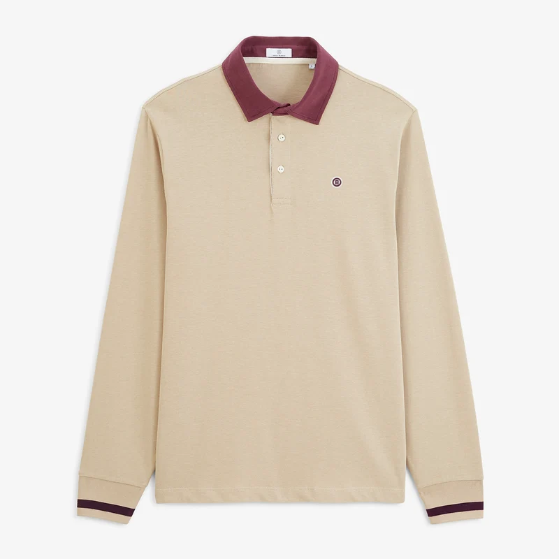 Polo rugby manches longues 100% coton beige brodé BLANCO BIARRITZ