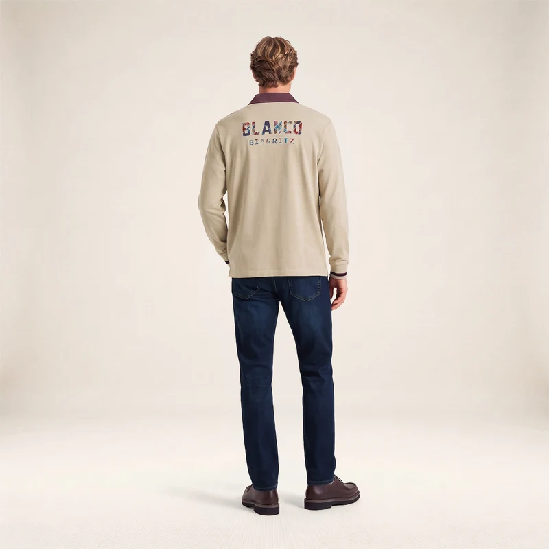 Polo rugby manches longues 100% coton beige brodé BLANCO BIARRITZ