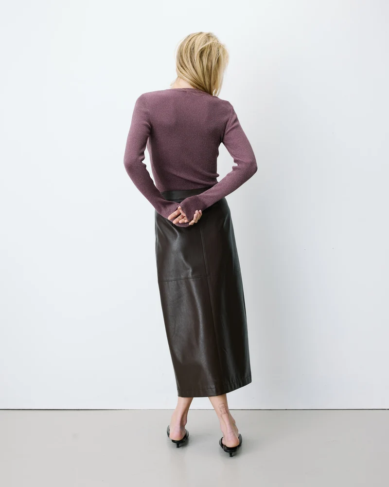 Jupe midi portefeuille similicuir chocolat Aenor
