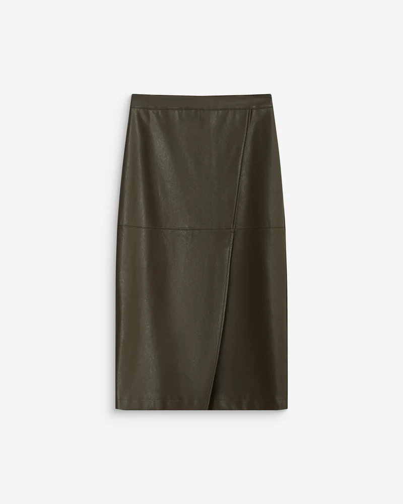 Jupe midi portefeuille similicuir kaki Aenor