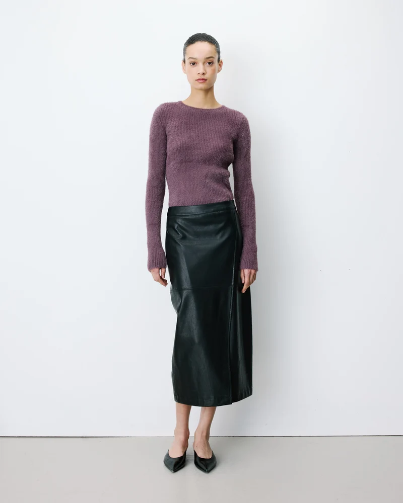 Jupe midi portefeuille similicuir noir Aenor
