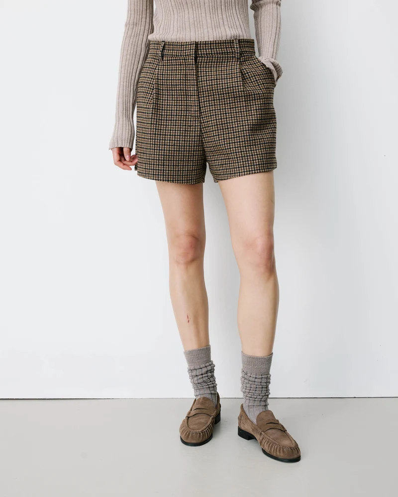 Short tailleur pied-de-poule taille haute coffee Arsenio