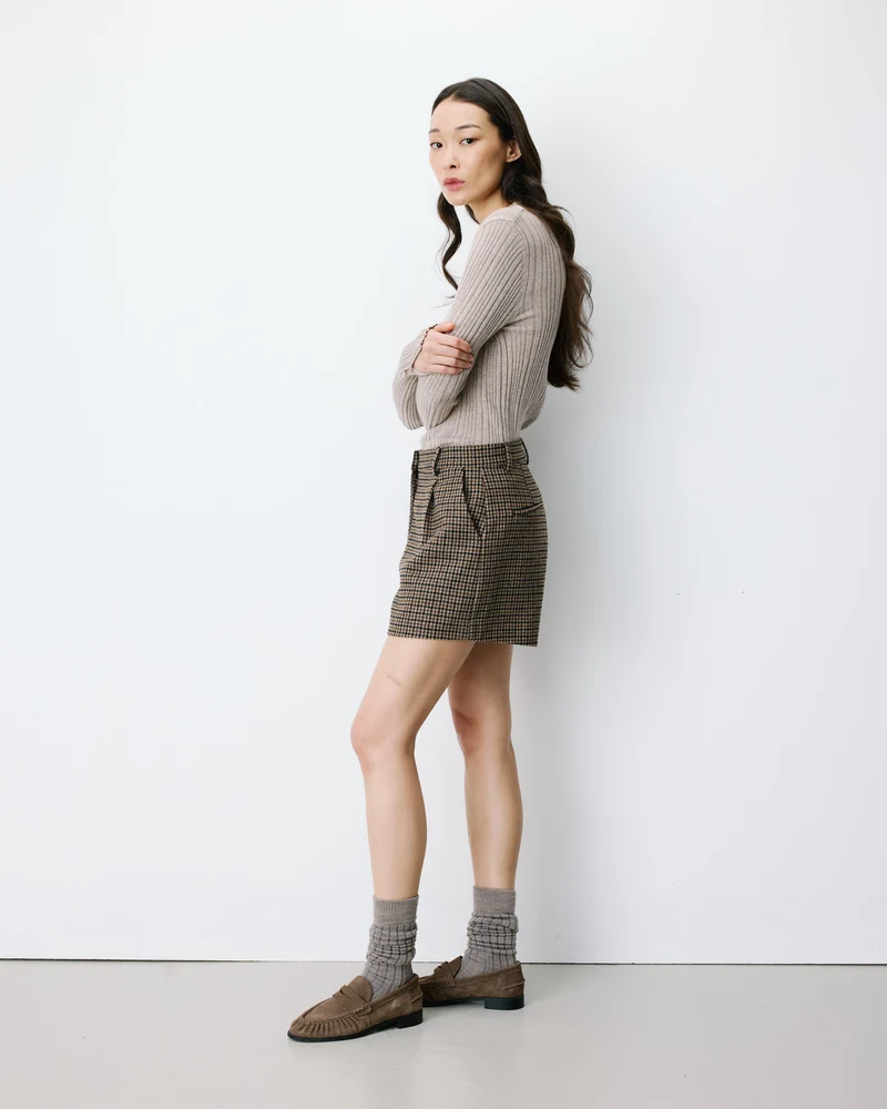 Short tailleur pied-de-poule taille haute coffee Arsenio