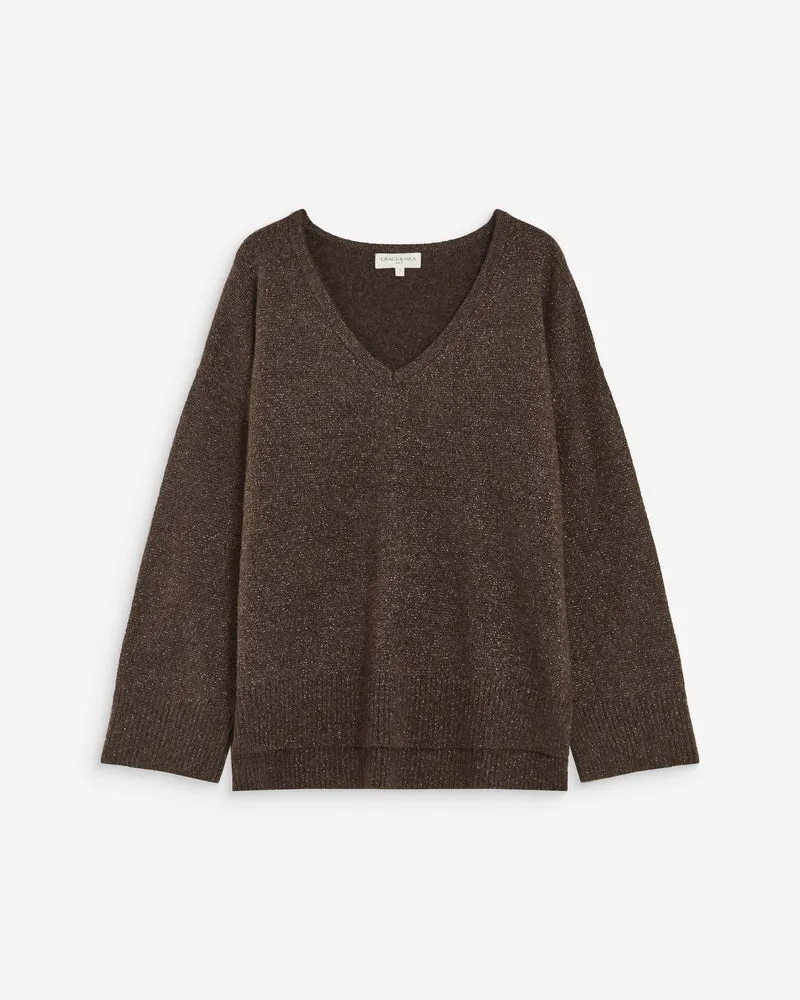 Pull ample col V en maille lurex chocolat Salvador