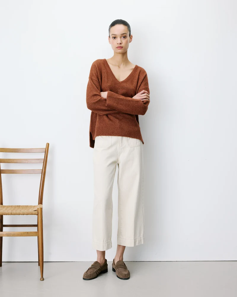Pull ample col V en maille lurex coffee Salvador