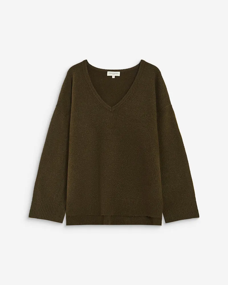 Pull ample col V en maille lurex kaki Salvador