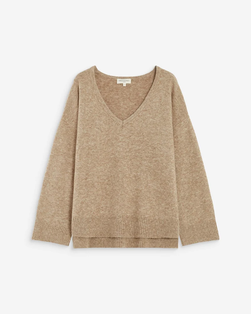 Pull ample col V en maille lurex sable Salvador