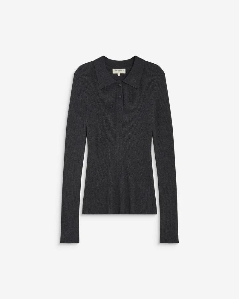 Pull ajusté col polo en maille côtelée anthracite Angelo