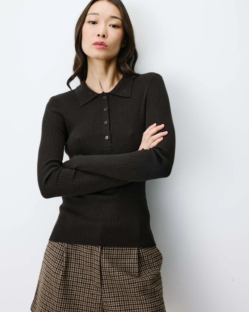 Pull ajusté col polo en maille côtelée chocolat Angelo