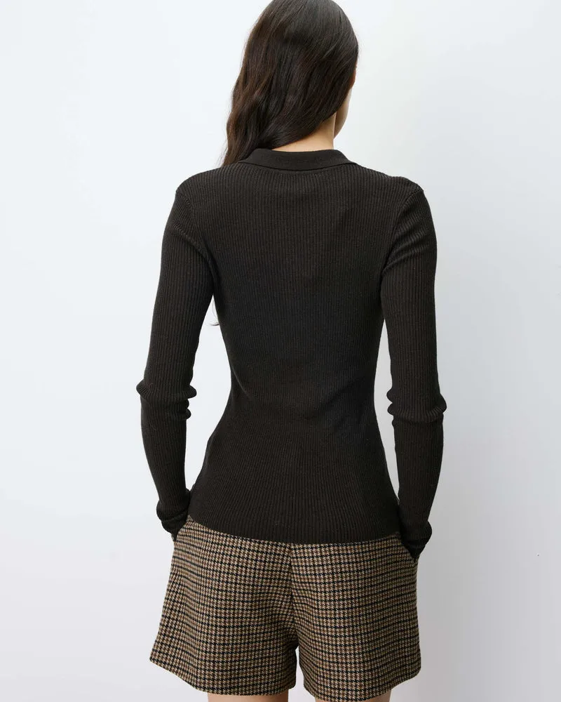 Pull ajusté col polo en maille côtelée chocolat Angelo