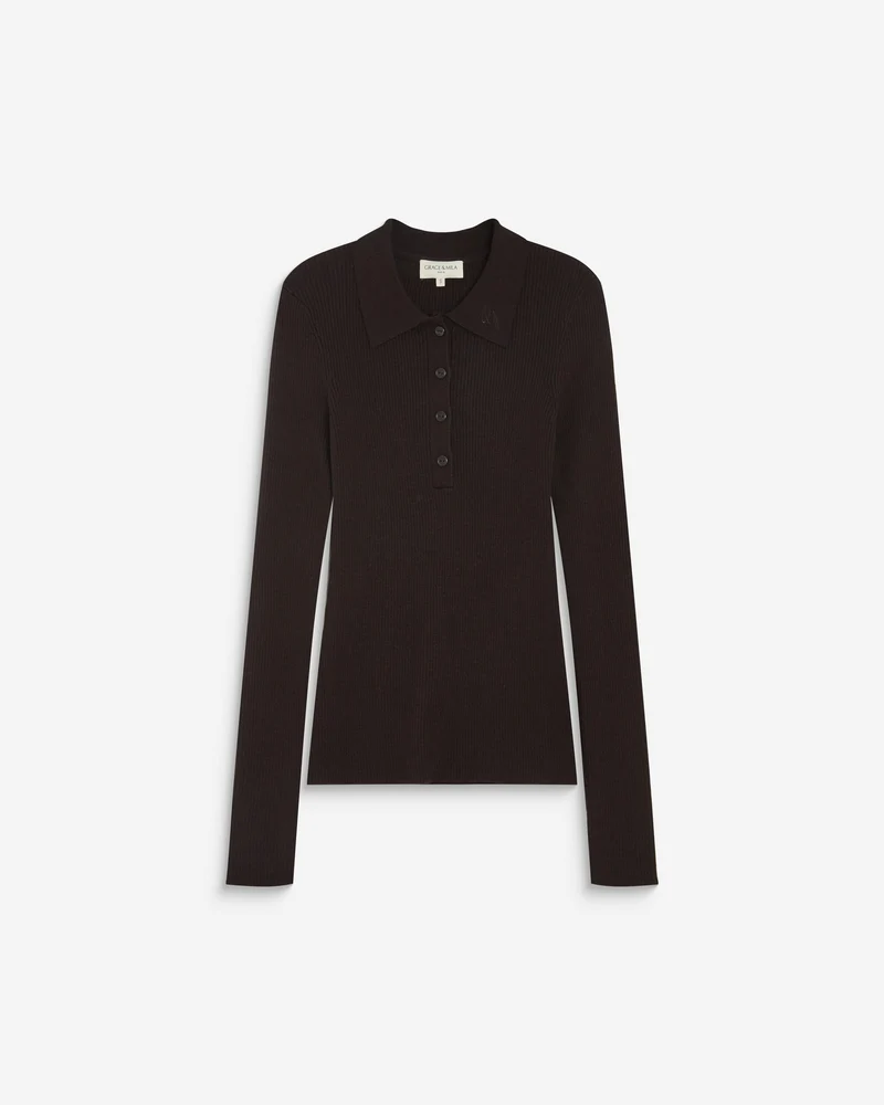 Pull ajusté col polo en maille côtelée chocolat Angelo