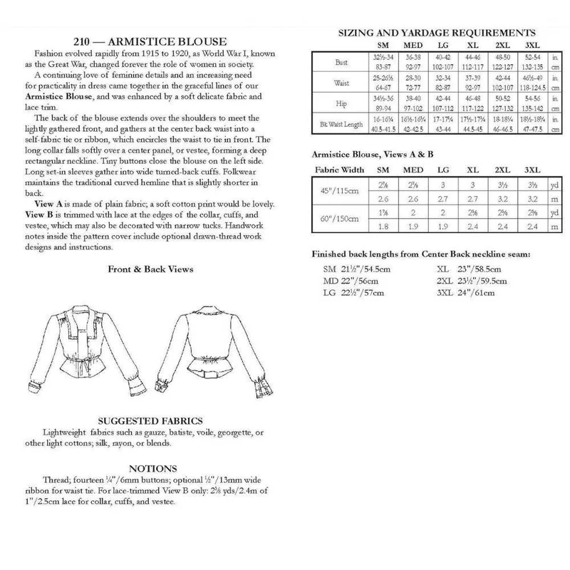 PATRON DE COUTURE PDF | 210 Blouse Armistice | Folkwear