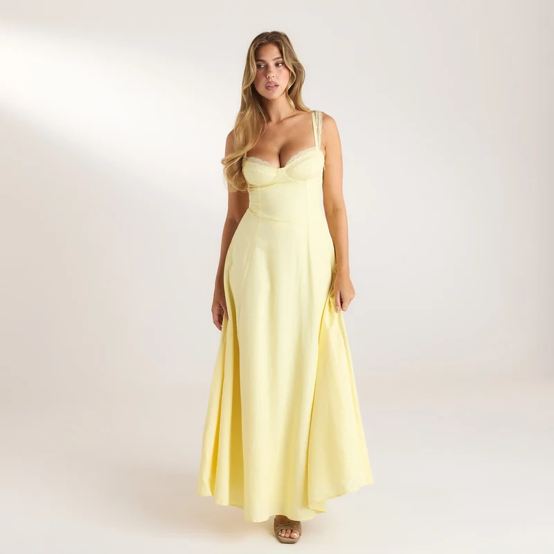 Robe Maxi avec Bordure en Dentelle - Jaune Citron